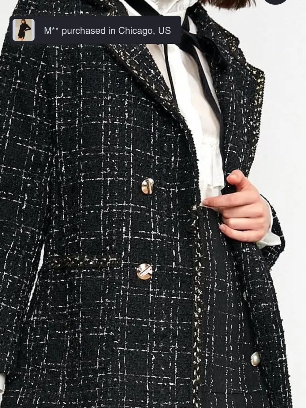 J.ING Black Tweed Double-Breasted Blazer with Gold Buttons